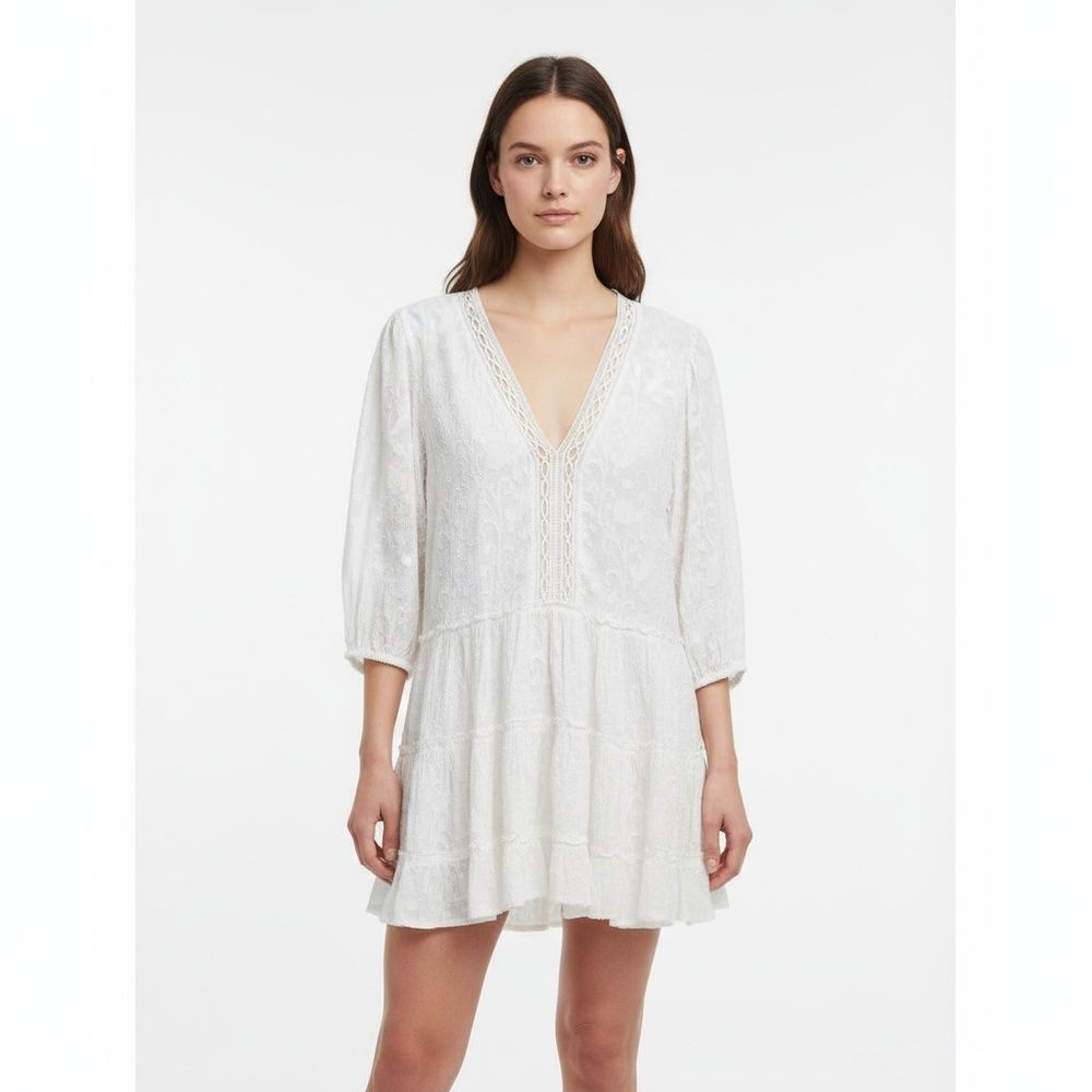 Z&L White Tiered Long Sleeve Mini Dress Lace-like Fabric Bohemian Size L NWT!
